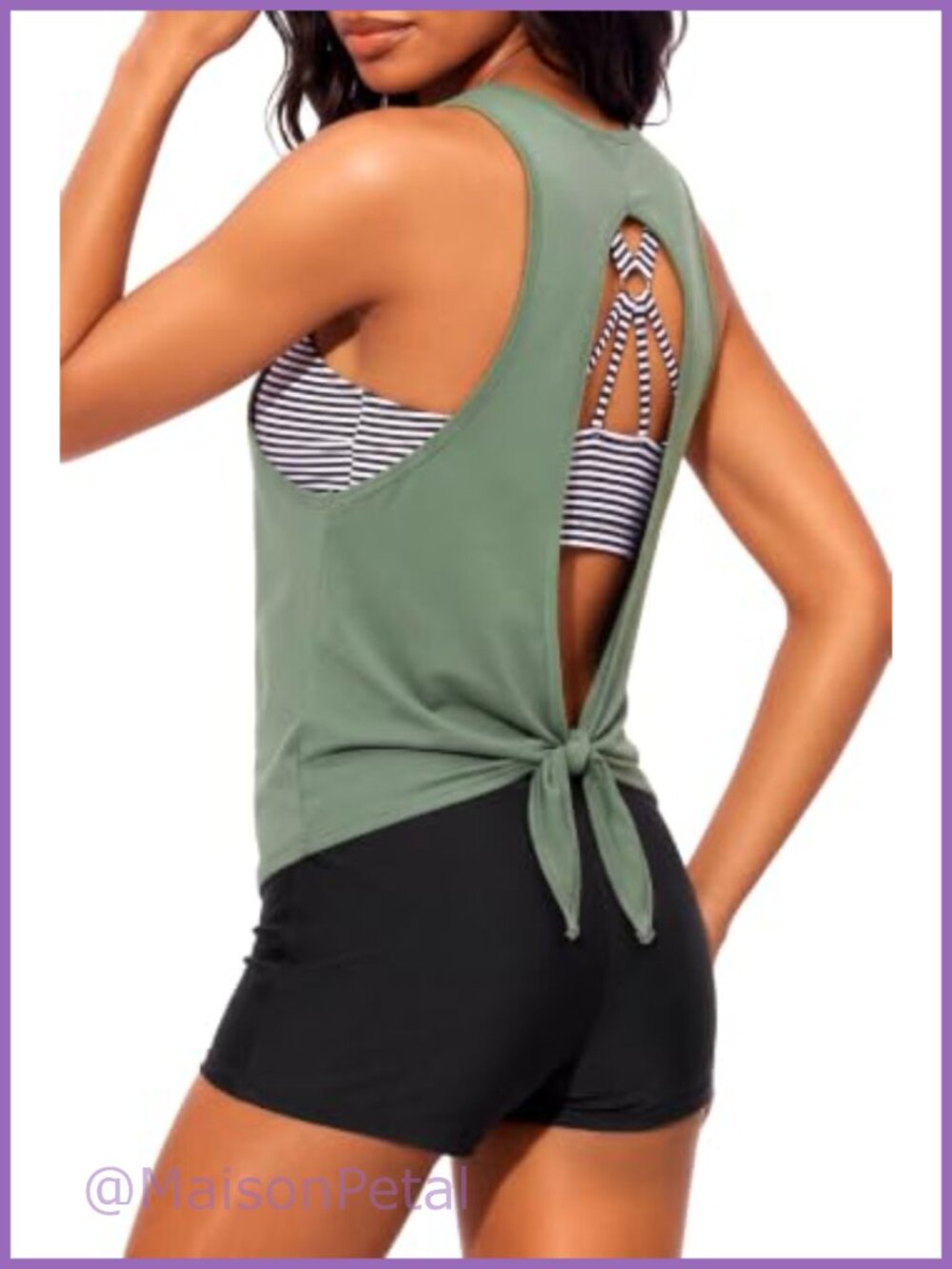 3 Piece Tankini Set Open Tie Back Top Athletic Swim Shorts